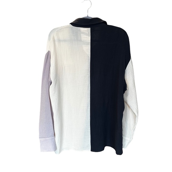 143 Story Women's Button-Up Long Sleeve Gauze Blouse Grey/Cream Med - Picture 2 of 12